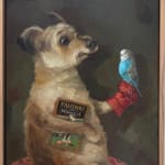 A painting of a brown dog holding a blue bird and a book.