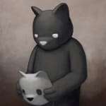 a black bear holding a mask of a white bear face