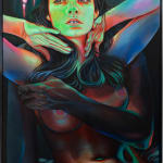 Painting of a woman with black straight hair holding her hands towards her face and another arm covers her exposed breasts