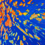 detail view of Jason Hallman excavated painting with blue background with blue background and orange excavated areas