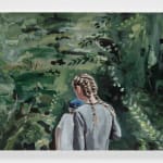 Painting of two children with their backs turned to the viewer walking through dense green foliage