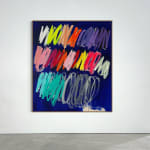 Christina Gschwantner abstract painting with blue background and colorful scribbles on wall