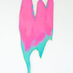 Detail view of Painting by Nick Schleicher on shaped panel resembling a ghost or bat. The panel is washed in fluorescent pink and blue paint.