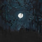 Painting of a white moon through wintery black trees. The sky is a dark blue, green.