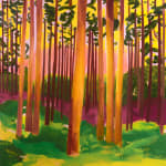 Painting of a forest of tree trunks amongst an orange and pink tinted sky. The grass in the foreground is colored yellow and green with purple shadows.