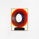 Ted Collier figurative circle series painting with abstract figure and multi colored head hanging on white wall