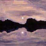 Painting of moon rising over two black mountains and reflecting on water below. The sky is purple with orange and cream highlights