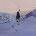 Painting of a black dog walking through the snow with foot prints
