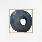 Ted Collier circle series painting with black circle coated in resin on a white canvas hanging on a white wall