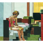Adam Lister watercolor painting of Edward Hoppers Hotel Room in 8-bit graphic style