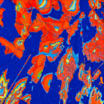 detail view of Jason Hallman excavated painting with blue background with blue background and orange excavated areas