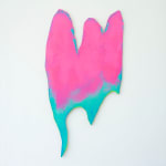 Painting by Nick Schleicher on shaped panel resembling a ghost or bat. The panel is washed in fluorescent pink and blue paint.