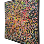 Side view of Jason Hallman excavated painting with black background and multi colored excavation spots with red blue green and yellow