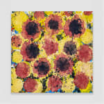Jorge Luis Santos painting of yellow red and black spots on wall