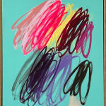 Christina Gschwantner abstract painting of multicolor scribbles on turquoise backrgound
