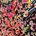 detail view of Jason Hallman excavated painting with black background and multi colored excavation spots with red blue green and yellow