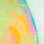 Detail view of Painting by Nick Schleicher shaped like a ghost with fluorescent blue green pink and yellow washed paint