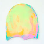 Painting by Nick Schleicher shaped like a ghost with fluorescent blue green pink and yellow washed paint