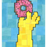 Adam Lister watercolor painting of Homer Simpson's hand holding a donut in 8-bit graphic style