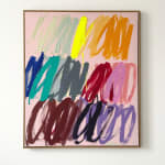 Christina Gschwantner abstract painting of multicolored scribbles on pink background on wall