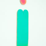 detail view of Painting by Nick Schleicher comprised of elongated shaped panel with a separate circular panel above it. The circle is washed in fluorescent pink and orange paint and the lower panel is washed in fluorescent green and teal paint