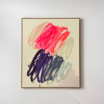 Christina Gschwantner abstract painting with light yellow background with pink and purple scribbles on a wall
