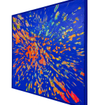 side view of Jason Hallman excavated painting with blue background with blue background and orange excavated areas