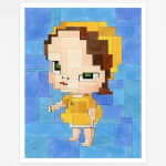 Adam Lister water color of girl in yellow dress and yellow hat on blue background after Adam Lister Watercolor Work on paper with girl in green on yellow background after Yoshitomo Nara in graphic 8-bit style