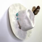 Brock DeBoer white cowboy hat sculpture with feather and turquoise accessories