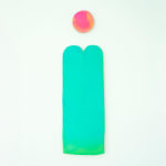 Painting by Nick Schleicher comprised of elongated shaped panel with a separate circular panel above it. The circle is washed in fluorescent pink and orange paint and the lower panel is washed in fluorescent green and teal paint