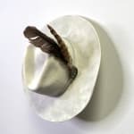 Brock DeBoer white cowboy hat sculpture with feather and turquoise accessories