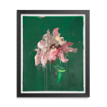 Sage Barnes floral arrangement painting with green background framed in black