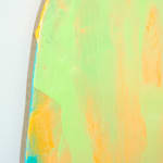 Detail view of Painting by Nick Schleicher shaped like a ghost with fluorescent blue green pink and yellow washed paint