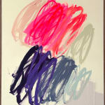 Christina Gschwantner abstract painting with light yellow background with pink and purple scribbles