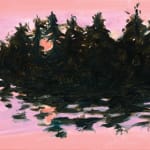 Painting of skyline of shadowed pine trees during twilight hours along a body of water. The sky is in shades of pink and the color reflecting off the body of water