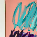Christina Gschwantner abstract painting of multicolored scribbles of peach background up close view