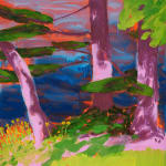 Painting featuring three purple tree trunks with green leaves among a blue and orange sky. The grass is a dark green and light green with small poppy flowers growing in the left hand corner