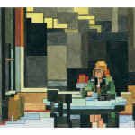 Adam Lister watercolor painting of Edward Hoppers Automat in 8-bit graphic style