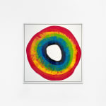 Ted Collier Circle series painting with rainbow tie dye circle on white canvas hanging on a white wall