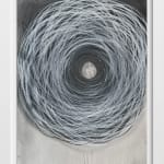 Ted Collier work on paper of vicious chaotic spiral in black in white charcoal framed in a white frame