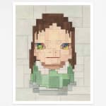 Adam Lister Watercolor of girl in green dress with colorful eyes on beige background after Yoshitomo Nara
