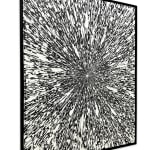 Side view of Jason Hallman excavated painting with black and white streaks originating outward from the center of the artwork