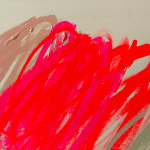 Christina Gschwantner abstract painting with light yellow background with pink and purple scribbles up close view