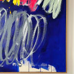 Christina Gschwantner abstract painting with blue background and colorful scribbles up close view