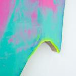 Detail view of Painting by Nick Schleicher on shaped panel resembling a ghost or bat. The panel is washed in fluorescent pink and blue paint.