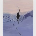 Painting of a black dog walking through the snow with foot prints