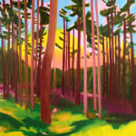 Painting of a forest of tree trunks with green leaves visible at the top amonst a blue yellow and pink sky resembling a sunset. The grass in the foreground is yellow and green with purple shadows