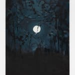 Painting of a white moon through wintery black trees. The sky is a dark blue, green.