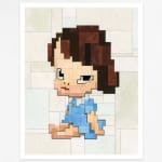 Adam Lister watercolor painting of girl in blue dress sitting on the floor with beige background after Yoshitomo Nara in 8-bit graphic style