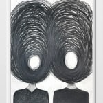 Ted Collier work on paper with two figures and chaotic vicious circle heads in charcoal on white background framed in a white frame
